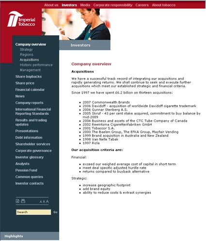 Imperial Tobacco: acquisition strategy and criteria